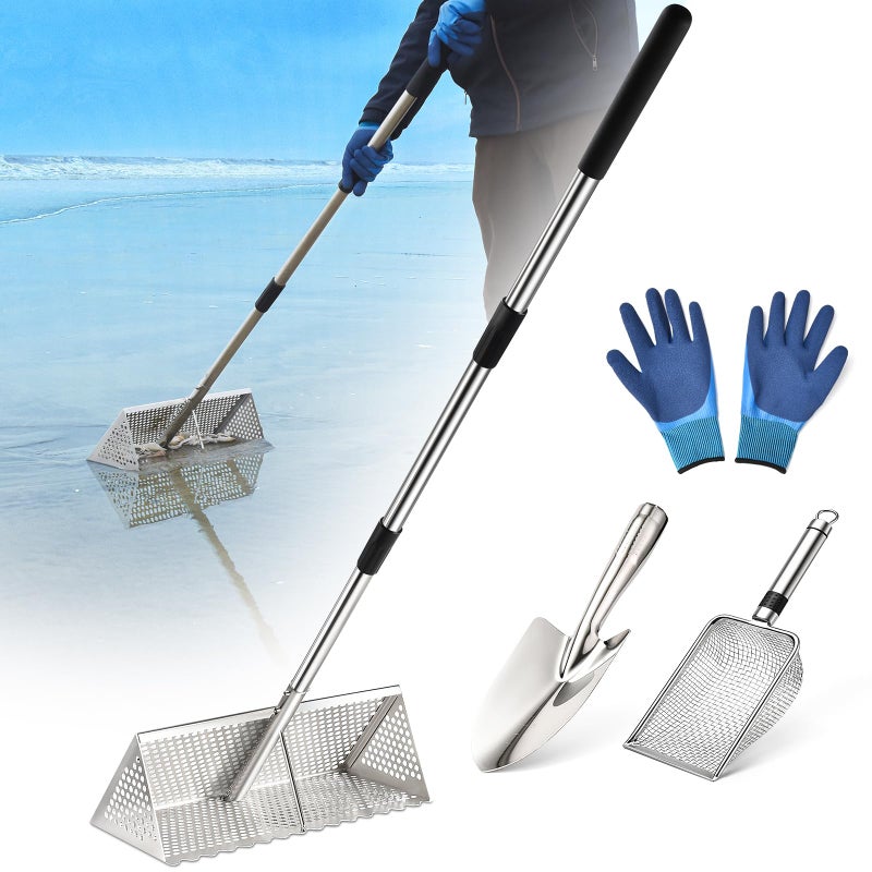 GADFISH Sand Flea Rake, Long Handle Sand Sifter for The Beach, Stainless Steel Shark Tooth Sifter Comes with A 16-Inch Wide Mesh Screen for Collecting Fleas, Shark Teeth, and Seashells - Image 1