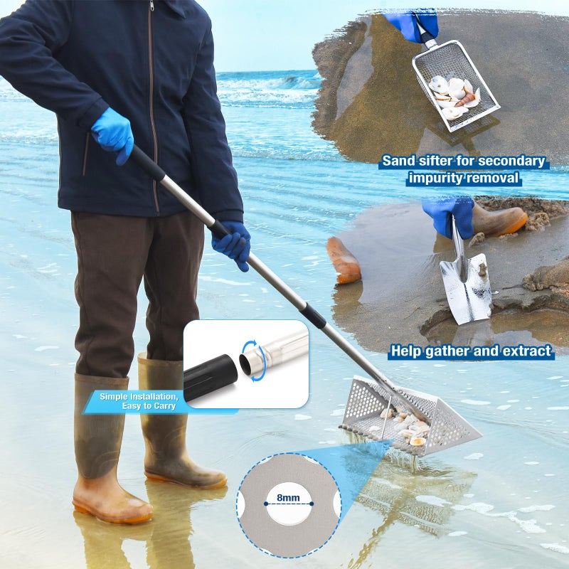 GADFISH Sand Flea Rake, Long Handle Sand Sifter for The Beach, Stainless Steel Shark Tooth Sifter Comes with A 16-Inch Wide Mesh Screen for Collecting Fleas, Shark Teeth, and Seashells - Image 3