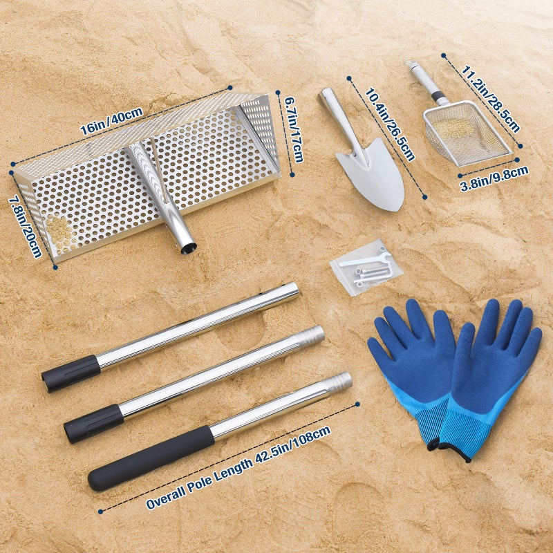 GADFISH Sand Flea Rake, Long Handle Sand Sifter for The Beach, Stainless Steel Shark Tooth Sifter Comes with A 16-Inch Wide Mesh Screen for Collecting Fleas, Shark Teeth, and Seashells - Image 2