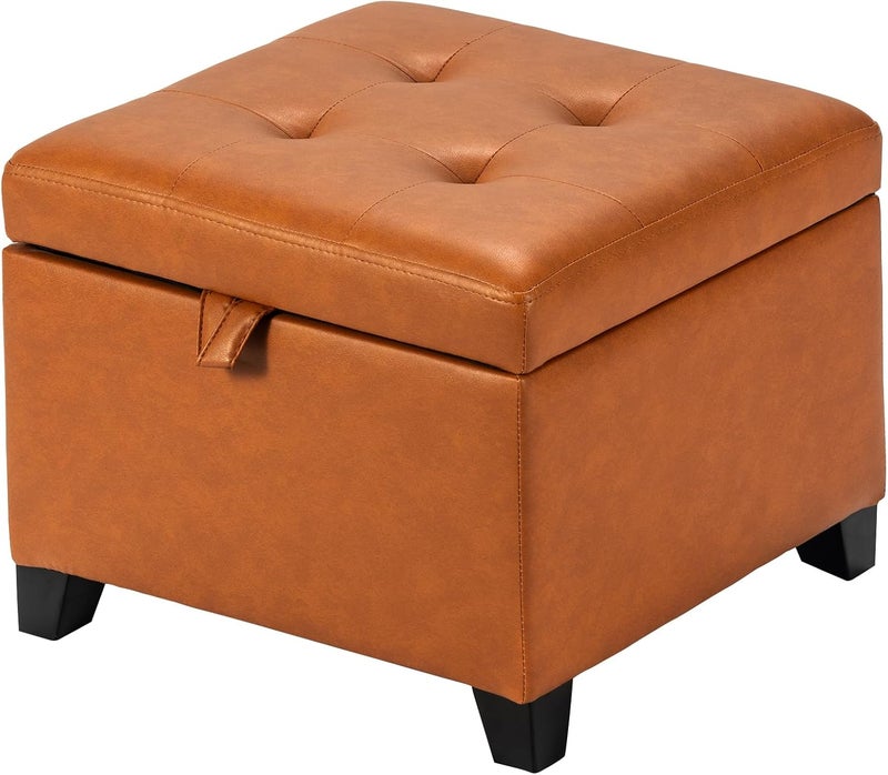 Adeco Small Faux Leather Storage Ottoman with Hinged Lid, 14 Inch High Square Cube Foot Stool with Storage, Upholstered Vanity Stool with Solid Wood Legs for Living Room, Bedroom, Dorm (Warm Orange) - Image 1