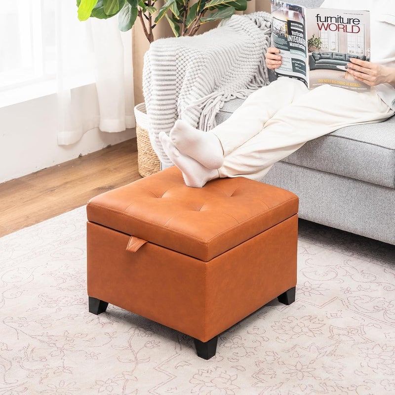 Adeco Small Faux Leather Storage Ottoman with Hinged Lid, 14 Inch High Square Cube Foot Stool with Storage, Upholstered Vanity Stool with Solid Wood Legs for Living Room, Bedroom, Dorm (Warm Orange) - Image 5
