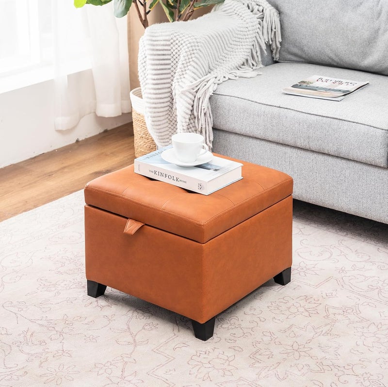 Adeco Small Faux Leather Storage Ottoman with Hinged Lid, 14 Inch High Square Cube Foot Stool with Storage, Upholstered Vanity Stool with Solid Wood Legs for Living Room, Bedroom, Dorm (Warm Orange) - Image 2