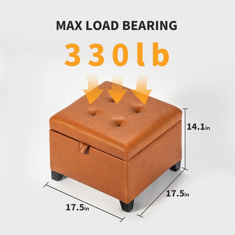 Adeco Small Faux Leather Storage Ottoman with Hinged Lid, 14 Inch High Square Cube Foot Stool with Storage, Upholstered Vanity Stool with Solid Wood Legs for Living Room, Bedroom, Dorm (Warm Orange) - Image 3