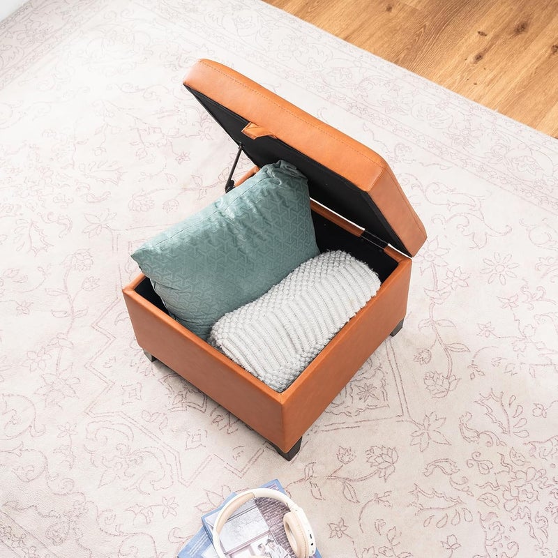 Adeco Small Faux Leather Storage Ottoman with Hinged Lid, 14 Inch High Square Cube Foot Stool with Storage, Upholstered Vanity Stool with Solid Wood Legs for Living Room, Bedroom, Dorm (Warm Orange) - Image 4