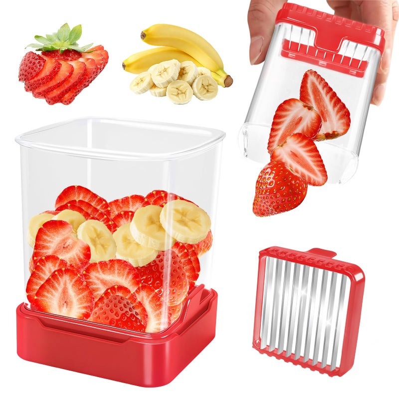 GENGCANG Fruit Slicer Cup for Strawberry Banana HardBoiled Egg Detachable Cutter with Push Plate Rapid Safe Slicing Kitchen Gadget for Quick Meal Prep Red - Image 2