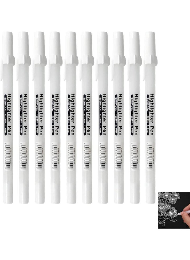 HaoCai White Highlighter Pen, 10 Pack 0.8mm Fine Tip White Gel Pens, Quick Drying Water Based Ink, Non Toxic Acrylic Markers for Paper, Glass, Wood, Metal, Plastic, Ideal for Artists, Students and Crafting - Image 1