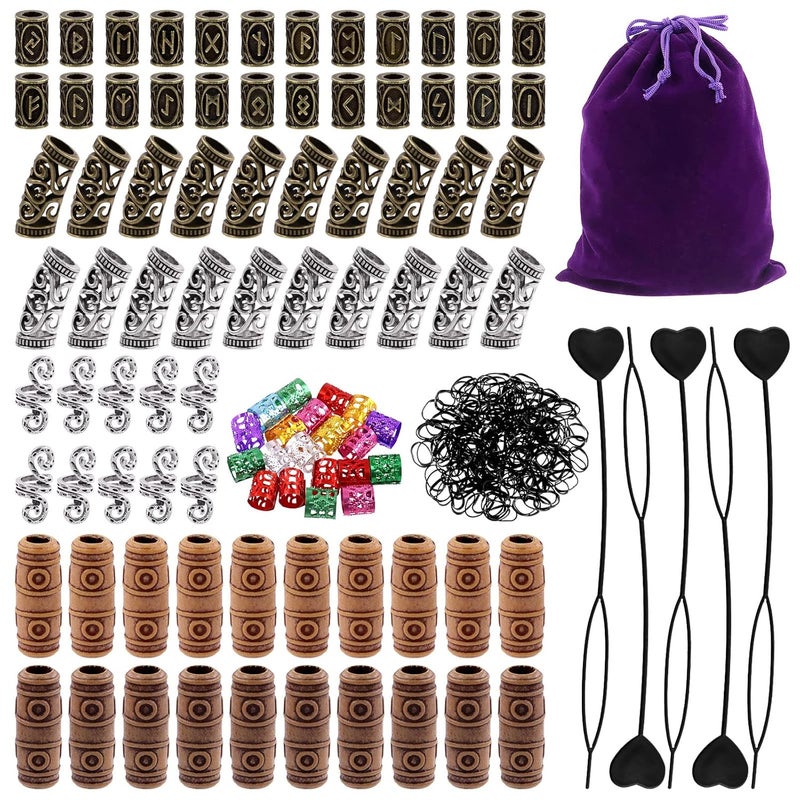 Tanstic Viking Rune Beads Set 300Pcs Norse Hair Beads Dreadlock Beads including 5Pcs Black Pull Hairpin Quick Beader Hairpins and 200Pcs Black Rubber Bands with a Bag for Men Women