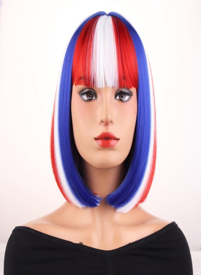 MAGQOO Red Blue White Wig for Women Girls 4th of July Bob Wig Short Straight Red White Blue Wigs with Bangs Flag Colored Hair Fourth of July Party Wigs - Image 2