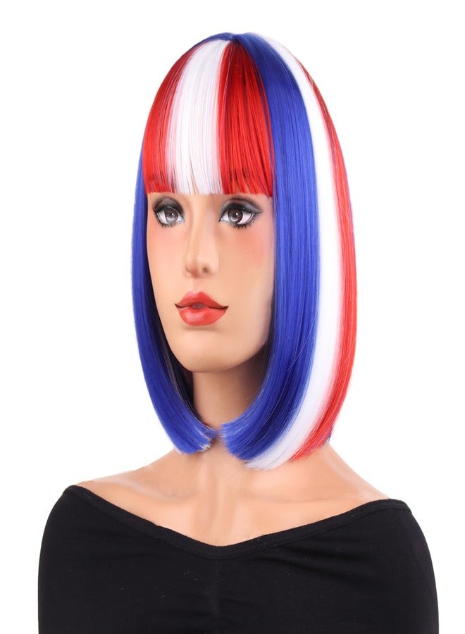 MAGQOO Red Blue White Wig for Women Girls 4th of July Bob Wig Short Straight Red White Blue Wigs with Bangs Flag Colored Hair Fourth of July Party Wigs - Image 1