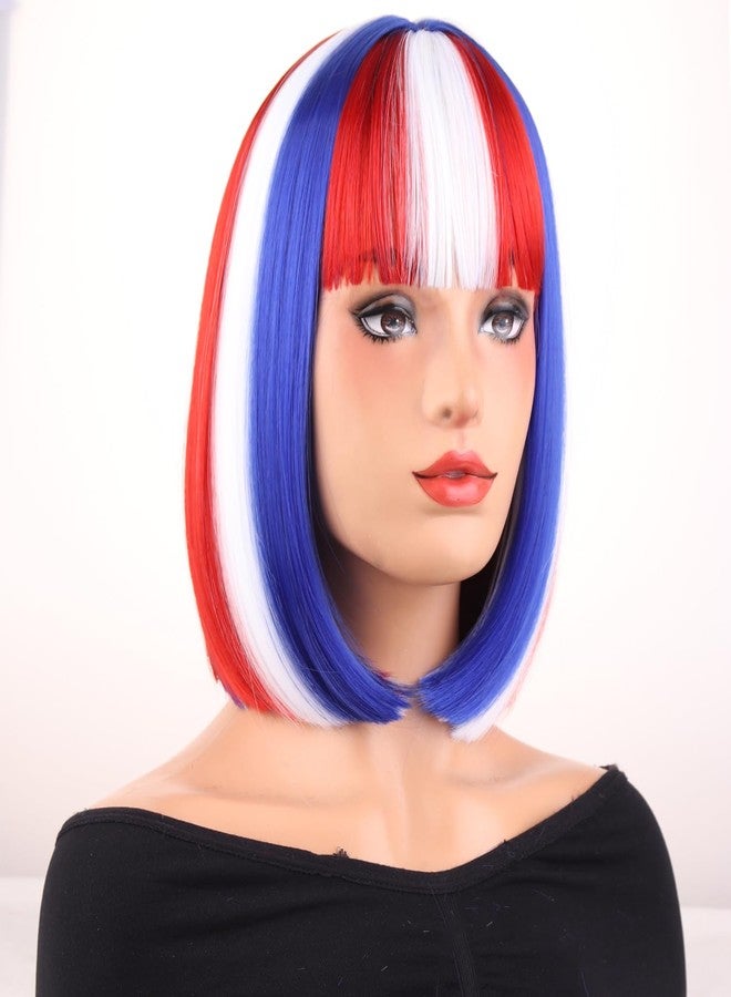 MAGQOO Red Blue White Wig for Women Girls 4th of July Bob Wig Short Straight Red White Blue Wigs with Bangs Flag Colored Hair Fourth of July Party Wigs - Image 3