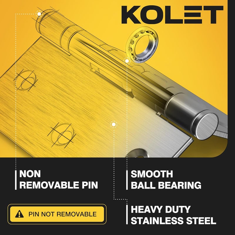 Kolet Ball Bearing Door Hinges, 3.5 Inches Door Hinges, 5/8'' Radius Corner Heavy Duty Stainless Steel Hinges, Smooth and Quiet, Non Removable Pin, Brushed Nickel, 3 Pack - Image 2