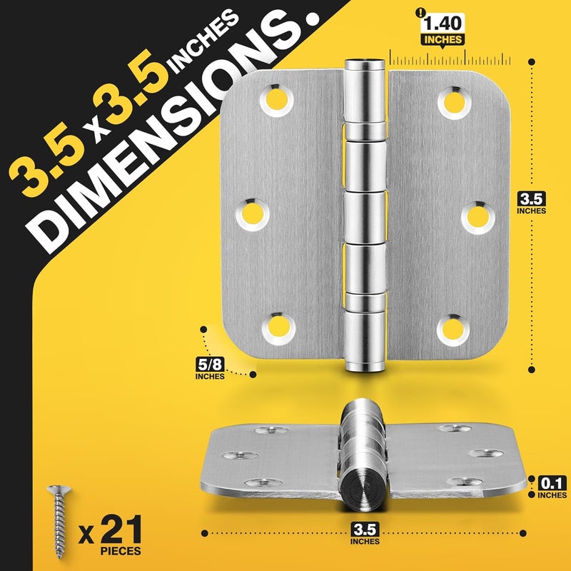 Kolet Ball Bearing Door Hinges, 3.5 Inches Door Hinges, 5/8'' Radius Corner Heavy Duty Stainless Steel Hinges, Smooth and Quiet, Non Removable Pin, Brushed Nickel, 3 Pack - Image 4