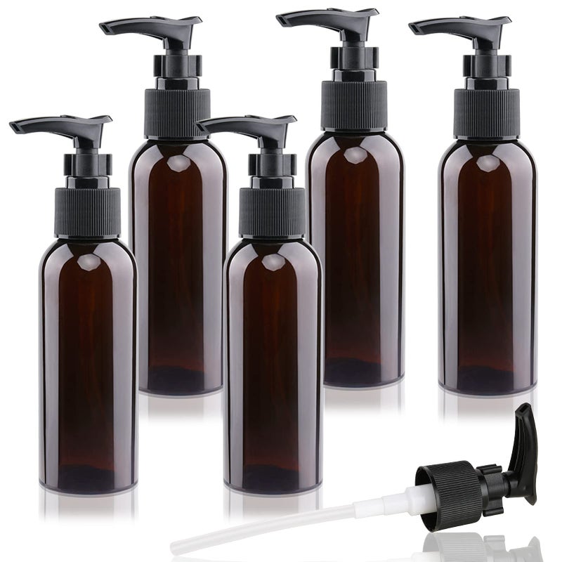 5 Pack Travel Bottles Pump Bottles Dispenser 34oz100ml Plastic Lotion Pump Bottle Clear Travel Toiletry Bottles with Extra 1 Pump Leak Proof for Makeup Cosmetic Containers Brown