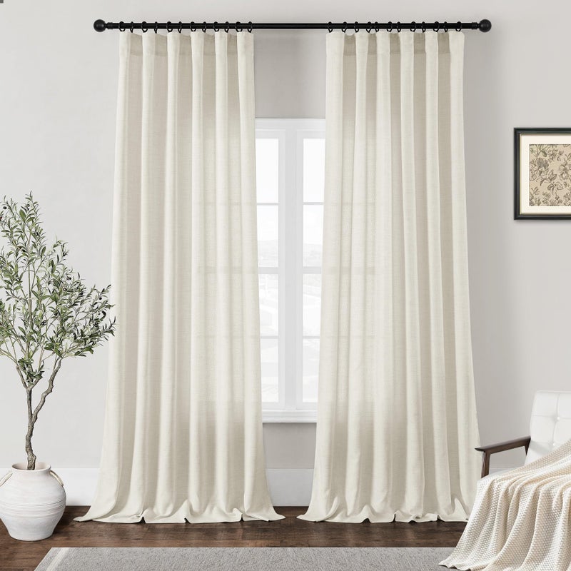 DUKIYO Natural Cream Linen Curtains 98 Inches Long for Living Room 2 Panels Farmhouse Boho Rod Pocket Belt Tape with Hooks Semi Sheer Drapes Light Filtering Curtain 98 Inch Length for Bedroom Nursery - Image 1