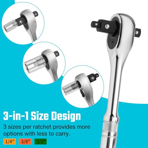 DURATECH Ratchet Set, 3-IN-1 Ratchet Handle, with 2 Extension Bars, 1/4", 3/8", 1/2" Drive Ratchet Wrench, 72-Tooth, Reversible Switch, Full-Polished Chrome Plating, Alloy Steel - Image 2