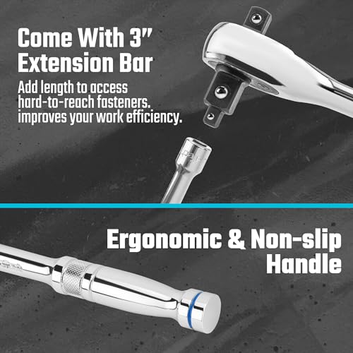 DURATECH Ratchet Set, 3-IN-1 Ratchet Handle, with 2 Extension Bars, 1/4", 3/8", 1/2" Drive Ratchet Wrench, 72-Tooth, Reversible Switch, Full-Polished Chrome Plating, Alloy Steel - Image 5