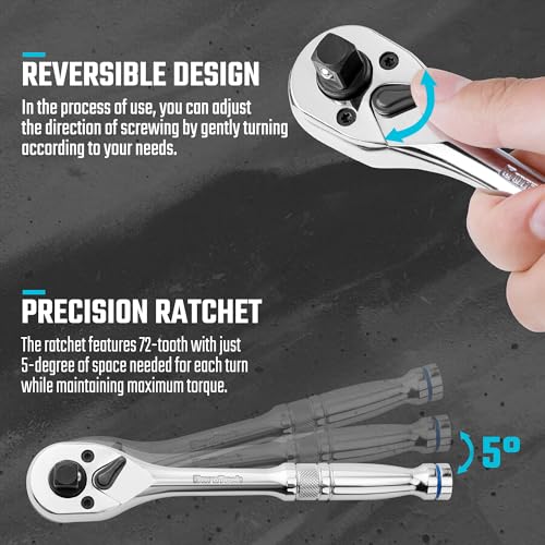 DURATECH Ratchet Set, 3-IN-1 Ratchet Handle, with 2 Extension Bars, 1/4", 3/8", 1/2" Drive Ratchet Wrench, 72-Tooth, Reversible Switch, Full-Polished Chrome Plating, Alloy Steel - Image 3