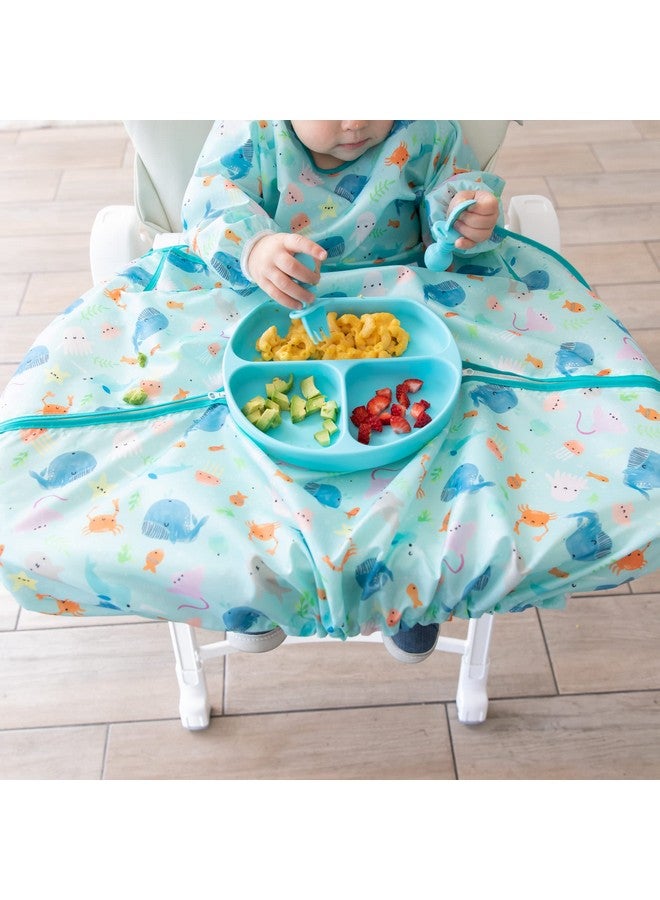 Bumkins Baby Bib and High Chair Cover Combination, for 6-24 Mos, Girl or Boy Toddler, Long Sleeved for Babies, Baby Led Weaning Essentuals for Eating, Feeding Babies, Mess Saving, Ocean Life Blue - Image 3