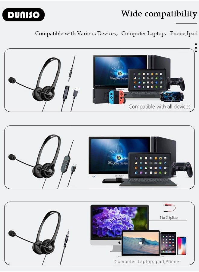 DUNISO - Headsets with Microphone for Laptop,Wired Computer Headset Super-Lightweight Noise Cancelling Gaming Headphone with in-line Control Volume & Mute, PC Headset Perfect for Classroom, Home or Office - Image 1