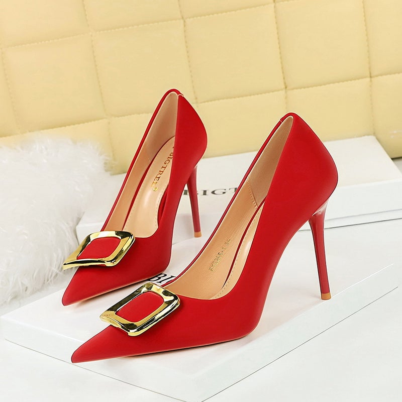 3265-K7 Banquet Fashion High Heels Stiletto Shallow Mouth Pointed Toe Slimming Look Metal Buckle High-Heeled Shoes - Image 4