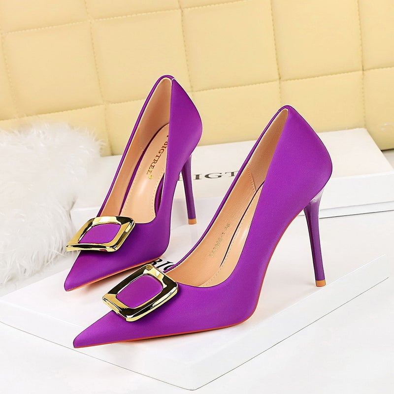 3265-K7 Banquet Fashion High Heels Stiletto Shallow Mouth Pointed Toe Slimming Look Metal Buckle High-Heeled Shoes - Image 5