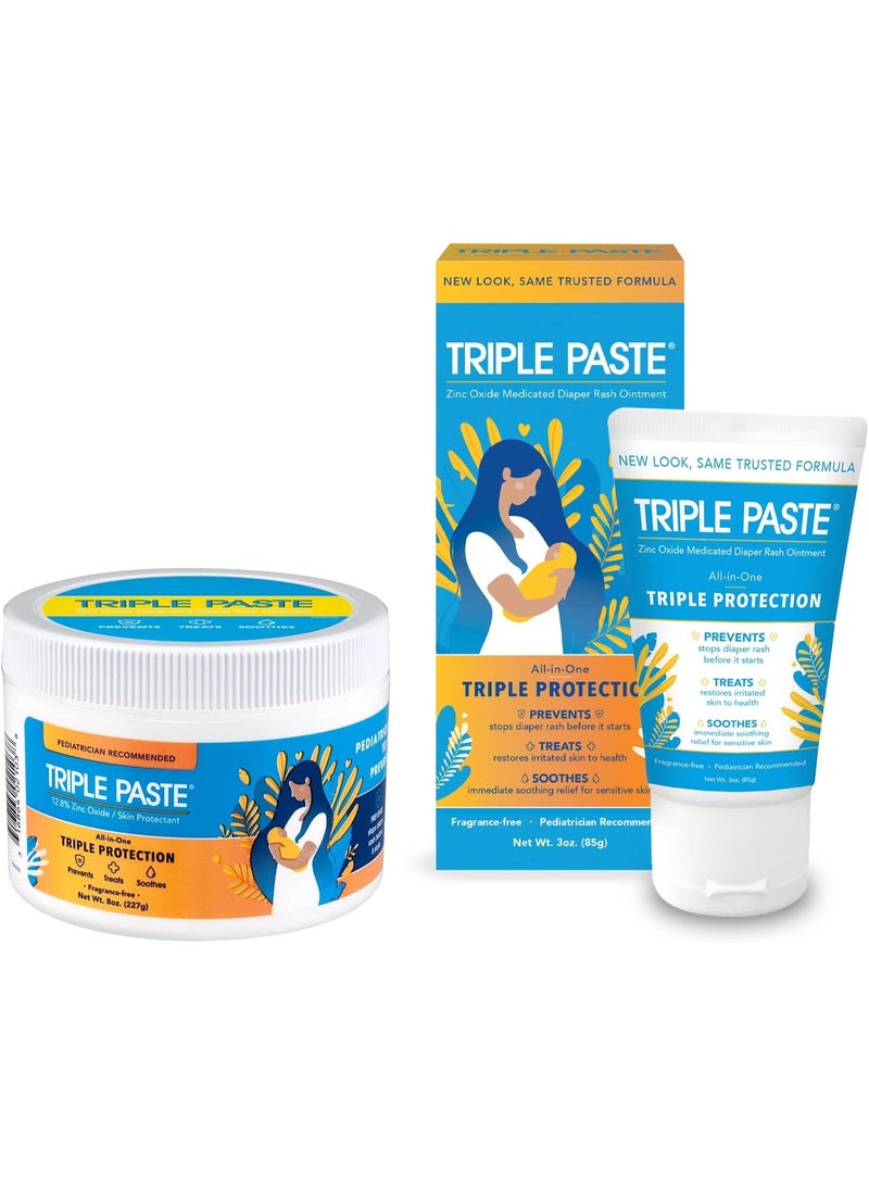 Triple Paste Diaper Rash Cream for Baby - 8 Oz Tub & 3 Oz Tube At Home & On the Go Bundle - Zinc Oxide Ointment Treats, Soothes and Prevents Diaper Rash - Image 1