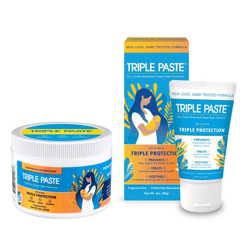 Triple Paste Diaper Rash Cream for Baby - 8 Oz Tub & 3 Oz Tube At Home & On the Go Bundle â€“ Zinc Oxide Ointment Treats, Soothes & Prevents Diaper Rash, Baby Essentials for Daily & Overnight - Image 1