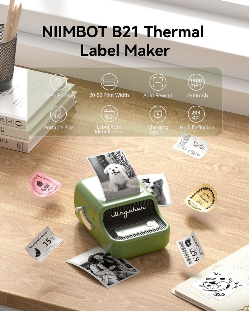 B21 Label Maker, 2 Inch Portable Thermal Label Printer, Label Maker Machine with Tape, Compatible with Android, iOS & PC,Labeling for Home Storage Office and Small Business,Green - Image 2