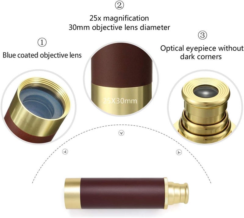 Retro Pirate Telescope Zoomable 25x30 Spyglass Portable Collapsible Handheld Telescope Vintage Monocular for Kids & Survival Gear Compass Pocket Military Compass for Camping Boating - Image 4