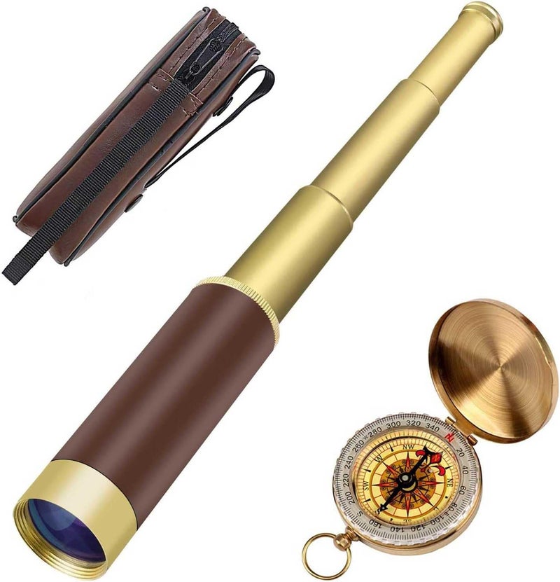 Retro Pirate Telescope Zoomable 25x30 Spyglass Portable Collapsible Handheld Telescope Vintage Monocular for Kids & Survival Gear Compass Pocket Military Compass for Camping Boating - Image 1