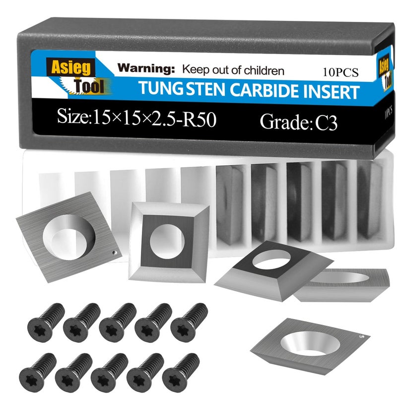 Asieg Tool 15mm Square Tungsten Carbide Replacement Cutter Inserts Knives 15 x 15 x 2.5mm-4 Edges with 2" Face Radius fit for Woodworking Helical Planer Head and CNC or DIY Wood Lathe Turning Rougher Tools 10pcs - Image 1