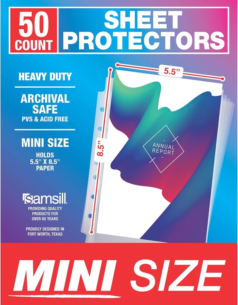 Samsill Mini Sheet Protectors 50 Pack 55 x 85 Inch Page Protectors for Mini 3 Ring Binder Heavy Duty Clear Protector Sheets 7 Hole Top Loading Acid Free - Image 1