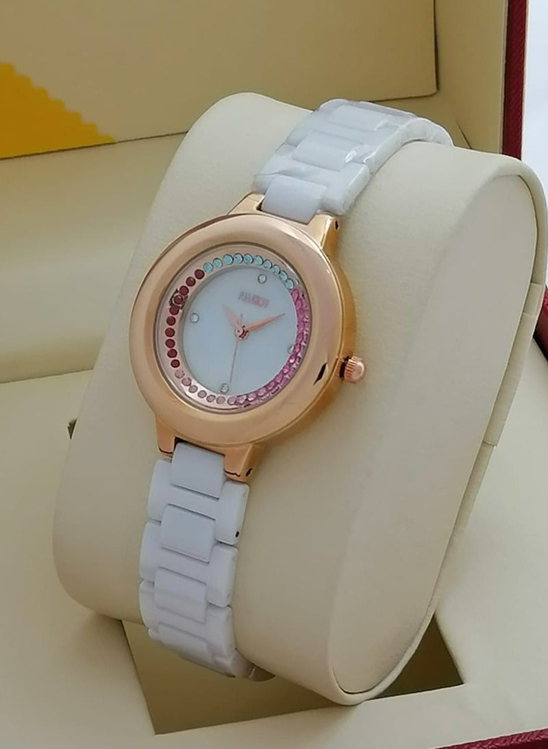 باليرمو ساعه بالرمو نسائية بحزام ابيض سيراميك المقاوم للصدأ أنيق للسيدات مقاوم للماء