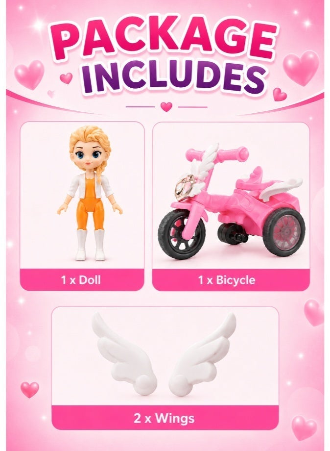 DAT Girl on Bicycle Toy Figure with Angel Wings Tricycle – Lightweight Rolling Doll Toy for Girls Ages 3 and Above - Image 2