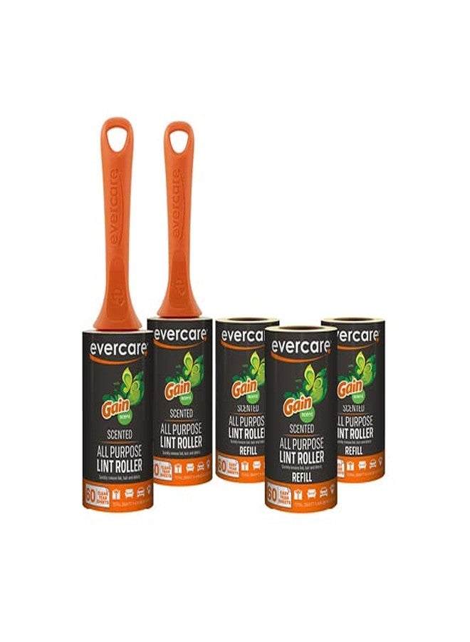 Evercare Gain Scented All-Purpose Lint Roller Value Pack with 2 Lint Rollers and 3 Refill Rolls, 60 Sheets Each - Image 1