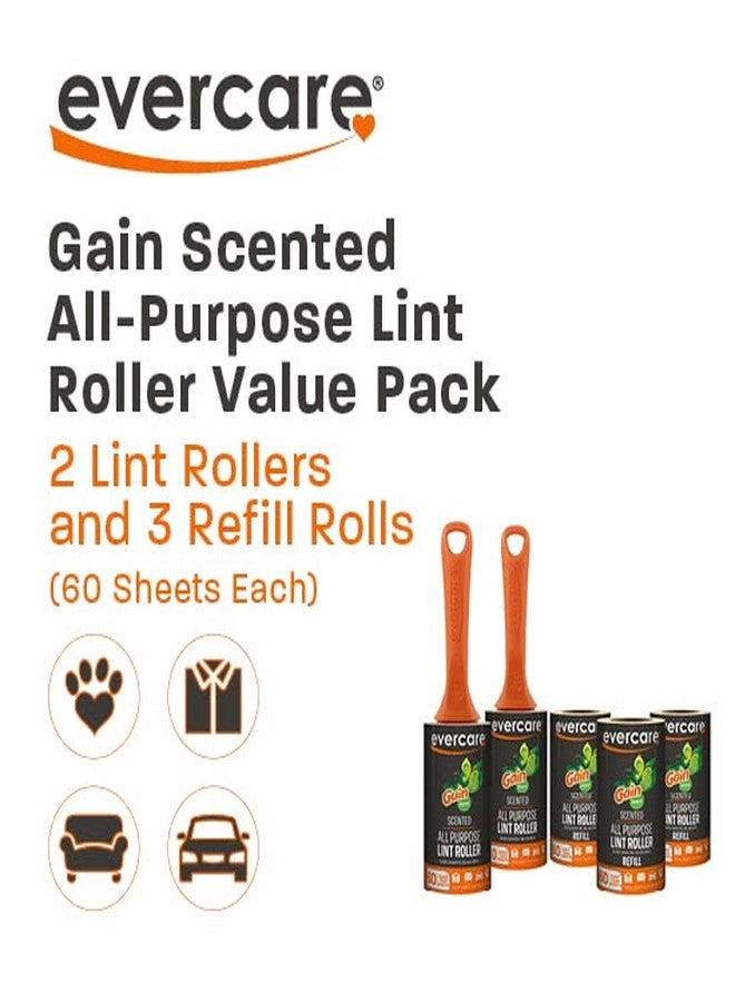 Evercare Gain Scented All-Purpose Lint Roller Value Pack with 2 Lint Rollers and 3 Refill Rolls, 60 Sheets Each - Image 2