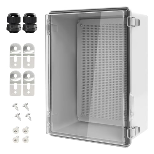 LeMotech Electrical Box, IP67 Waterproof Hinged Clear Cover Stainless Steel Latch Junction Box, ABS Plastic Electrical Enclosure with Mounting Plate,Wall Brackets, Cable Glands,15.7"x11.8"x7.0",Grey - Image 1