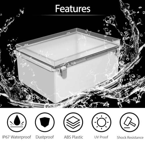 LeMotech Electrical Box, IP67 Waterproof Hinged Clear Cover Stainless Steel Latch Junction Box, ABS Plastic Electrical Enclosure with Mounting Plate,Wall Brackets, Cable Glands,15.7"x11.8"x7.0",Grey - Image 3