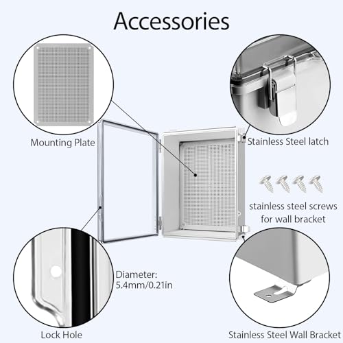 LeMotech Electrical Box, IP67 Waterproof Hinged Clear Cover Stainless Steel Latch Junction Box, ABS Plastic Electrical Enclosure with Mounting Plate,Wall Brackets, Cable Glands,15.7"x11.8"x7.0",Grey - Image 4