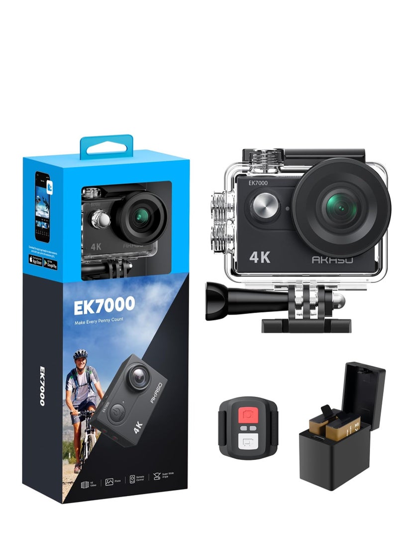 أكاسو كاميرا أكشن AKASO EK7000 4K فائقة الدقة مزودة بخاصية واي فاي وكاميرا فيديو مقاومة للماء تحت الماء مع زاوية واسعة 170 درجة ومجموعة ملحقات، لون أسود - Image 1