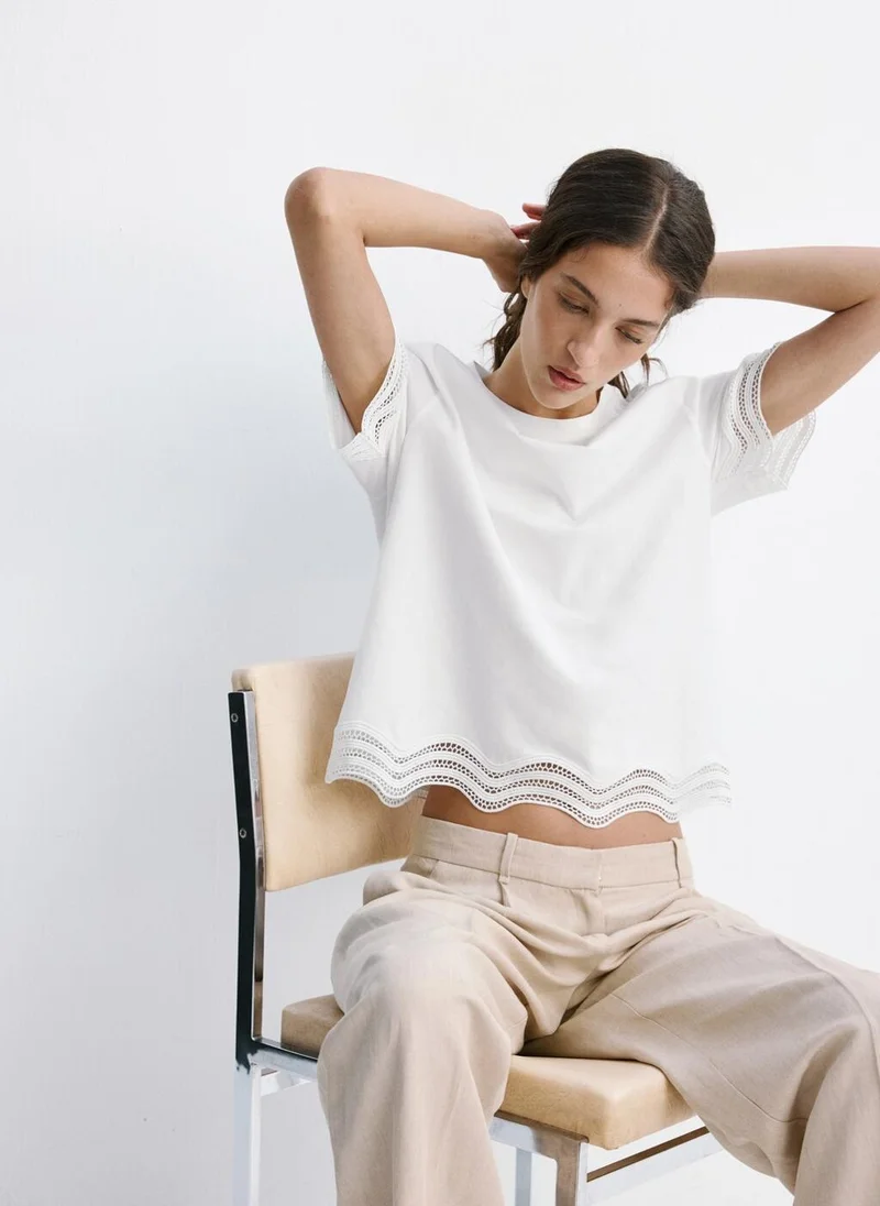 مانجو Cotton T-Shirt With Openwork Embroidered Detail