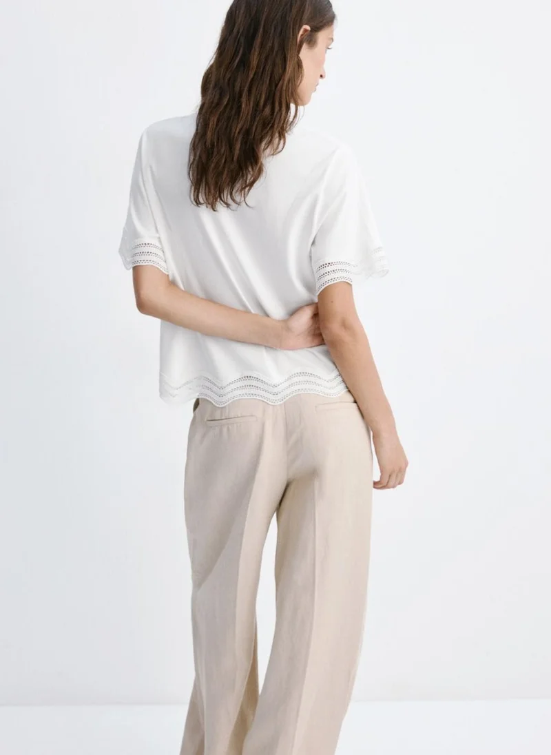 مانجو Cotton T-Shirt With Openwork Embroidered Detail