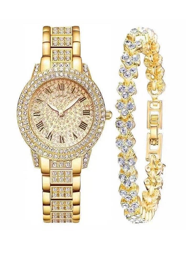 Women's Luxurious Bling Full Crystal Decorated Watch with Bracelet Gold - Image 1