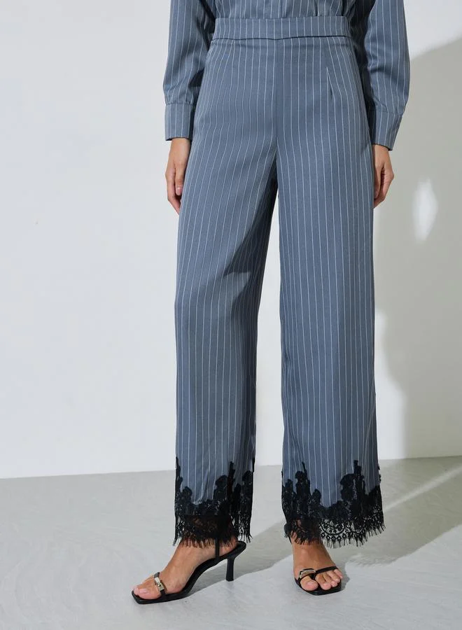 Styli Charcoal Striped Wide Leg Pants with Lace Detail