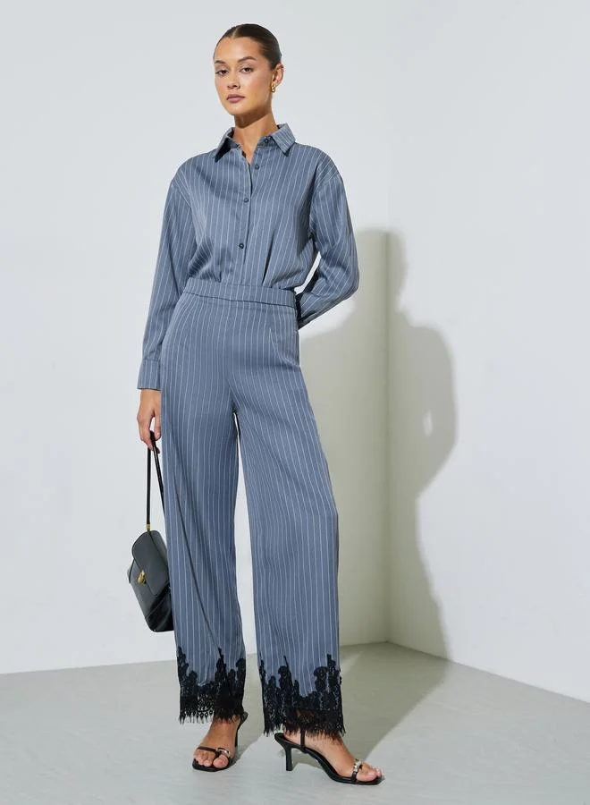 Styli Charcoal Striped Wide Leg Pants with Lace Detail