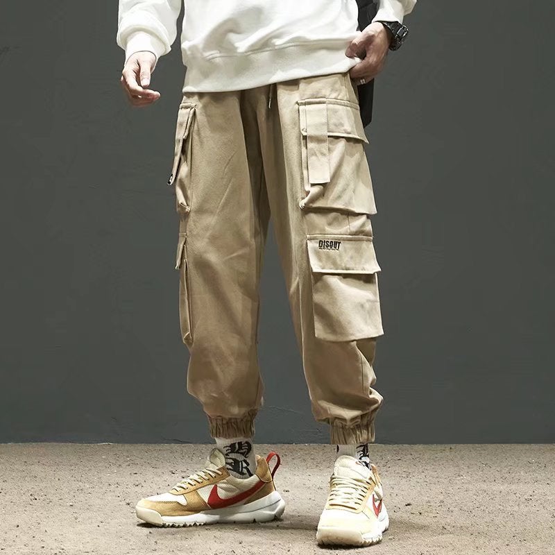 plus size 8XL Overalls Mens American Style Fashionable Brand Loose Casual Multi-Pocket Foot Pants Autumn Fashionable Parachute Pants S146 khaki
