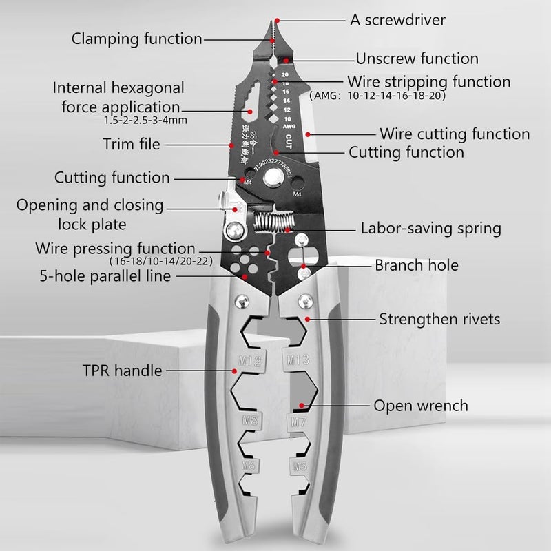 ECOVISTA ECOVISTA 28IN1 Wire Stripper and Cutter Multifunctional Tool Chromium Vanadium Steel Cutting Crimping for Electrician Stainless Puller Plier Cable Looping Splitting Stripping  - Image 3