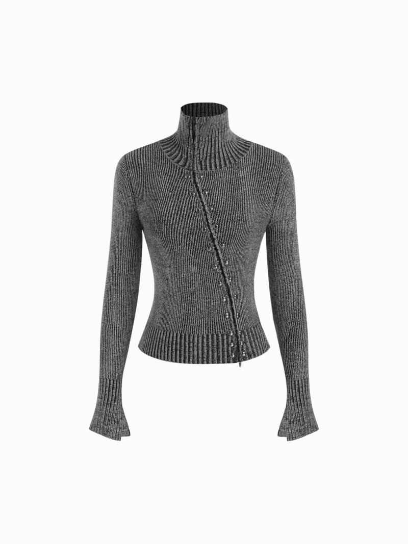 CIDER Zipper Cardigan Sweaters for Women Trendy Stand Collar Rivet Cardigans Split Long Sleeve Fall Winter: Grey, XL - Image 1