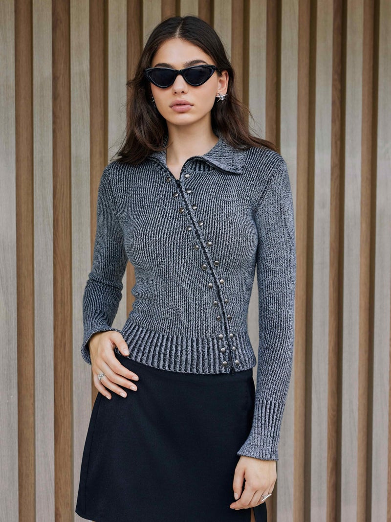 CIDER Zipper Cardigan Sweaters for Women Trendy Stand Collar Rivet Cardigans Split Long Sleeve Fall Winter: Grey, XL - Image 2