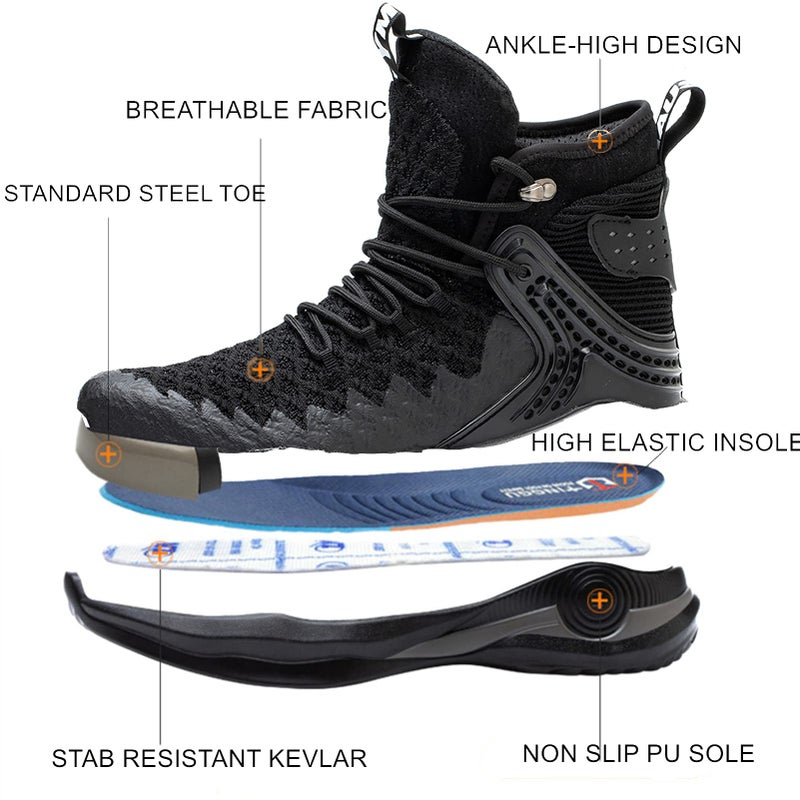 SYLPHID Steel Toe Boots for Men Safety Shoes for Women Work Sneakers Slip Resistant, 66Black,Women Size 12.5, Men Size 11 - Image 3